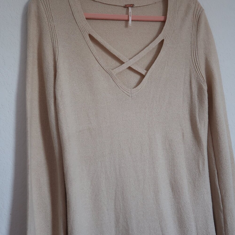 Free People Sweater Criss-Cross Front Knit Tunic Side Slit Linen Blend Cream - Picture 3 of 8